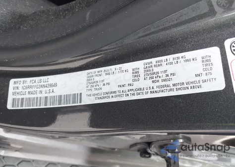 2022 Ram 1500 Big Horn 4X4 5'7 Box z USA, uszkodzony, nr VIN 1C6RRFFG3NN439649